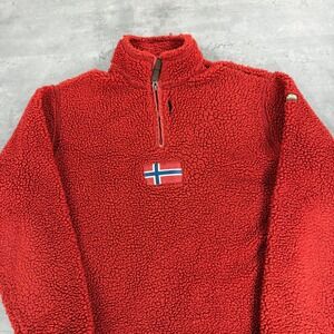 Napapijri Jacket Medium Red Deep Pile Fleece 1/4 Zip Norwegian Flag Pullover Ski